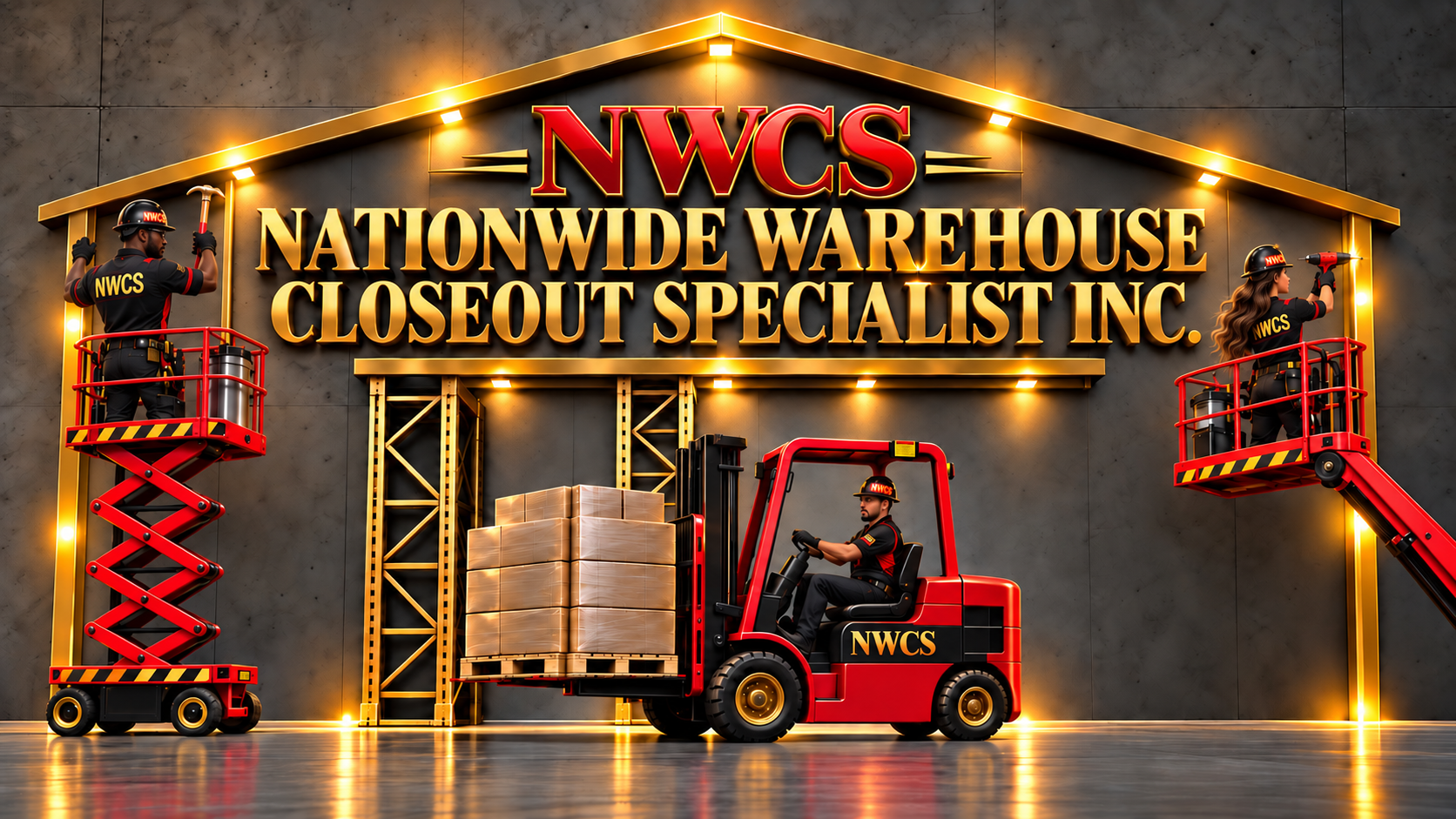 NWCS, Nationwide Warehouse Closeout Specialist Inc. Official logo with the three-person crew on a scissor lift, forklift and boom lift